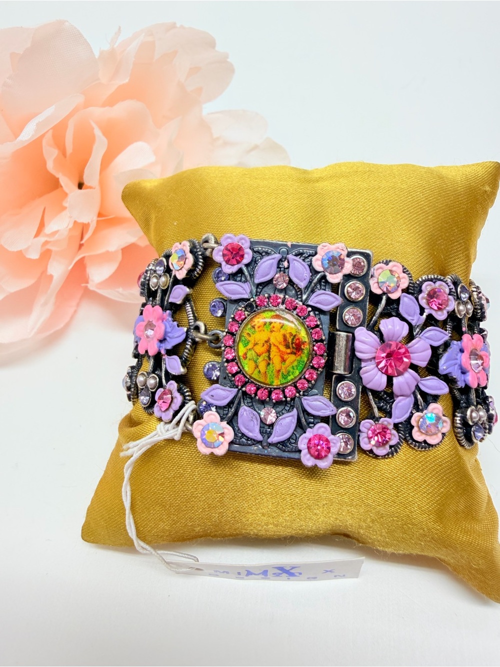 Vintage wide bracelet signet Michal Negrin,Silver purple flowers with crystal